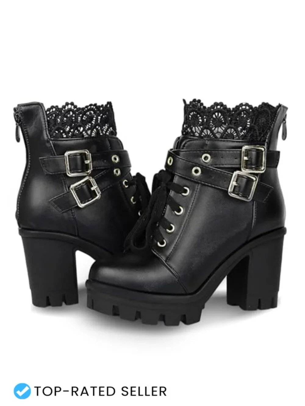 Women's Lace Up Chunky Ankle Boots Gothic Platform with Buckle Strap Faux